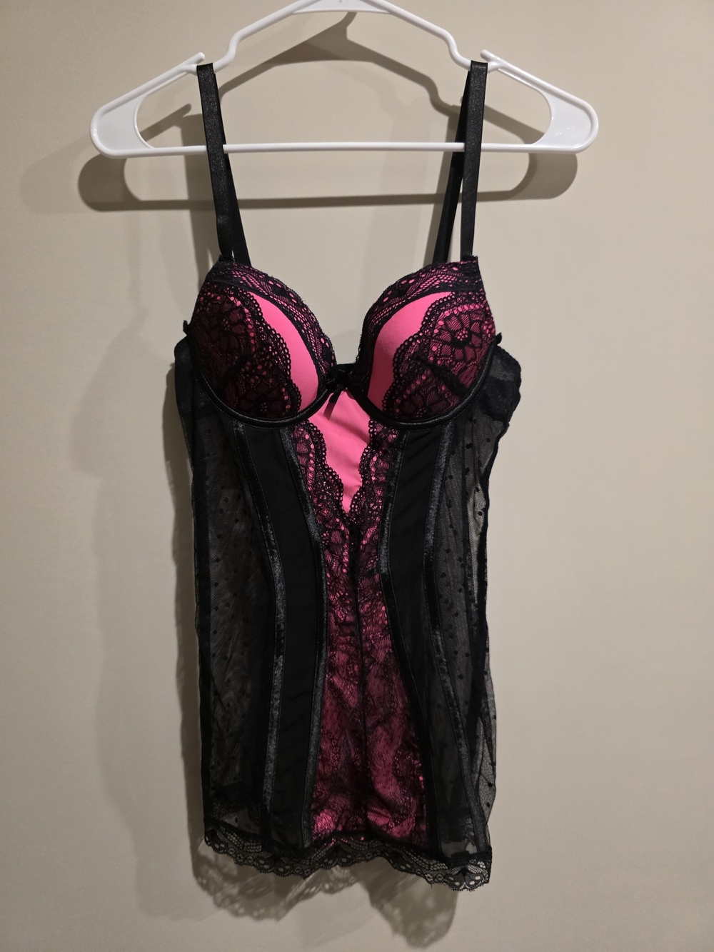 Black & Hot Pink Lace Chemise with Sheer Panels Women's Small Boutique Lingerie